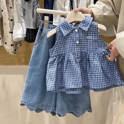 Toddler Girl Gingham Blue Top and Denim Pants Set - Blue - 8-9T - image 1