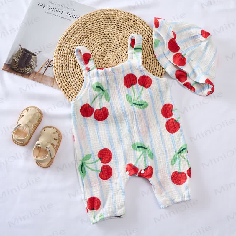 Baby Cherry Fullprint Blue Striped Romper With Hat - image 2