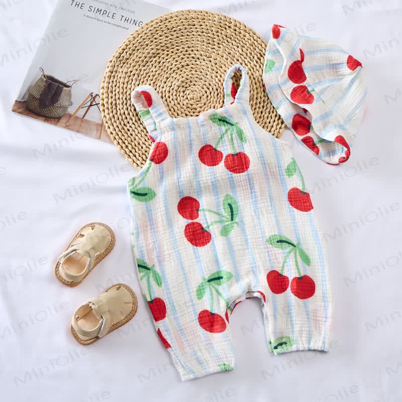 Baby Cherry Fullprint Blue Striped Romper With Hat - image 3