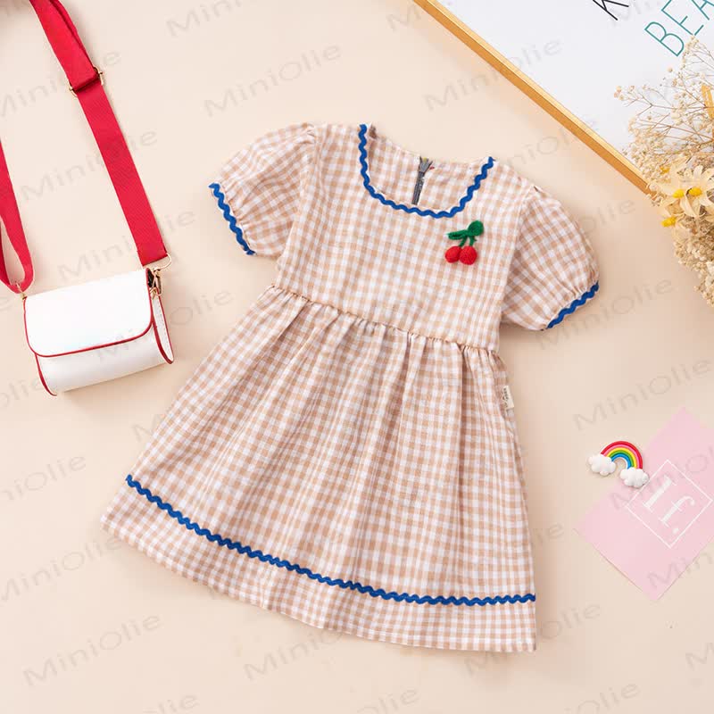 Toddler Girl Summer Gingham Cherry Patch Dress - Beige - 4-5T - image 3