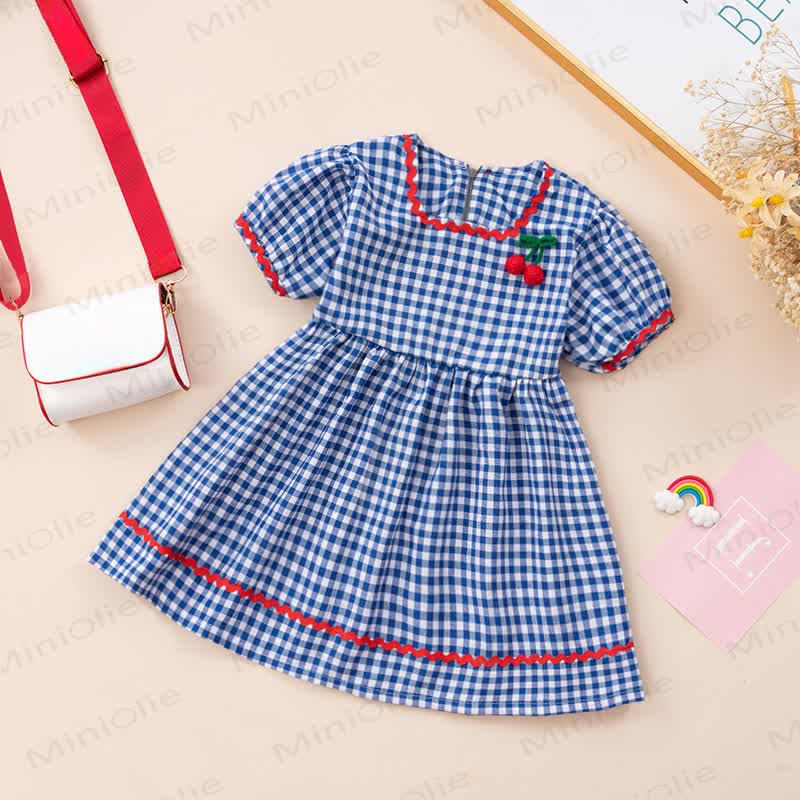 Toddler Girl Summer Gingham Cherry Patch Dress - Blue - 4-5T - image 1