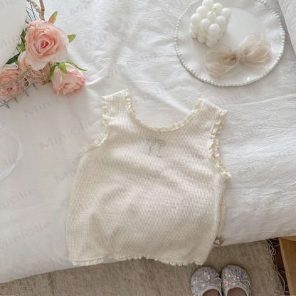 Toddler Girl Cotton Bow Dress or White Vest - Beige Vest - 6-7T - image 3