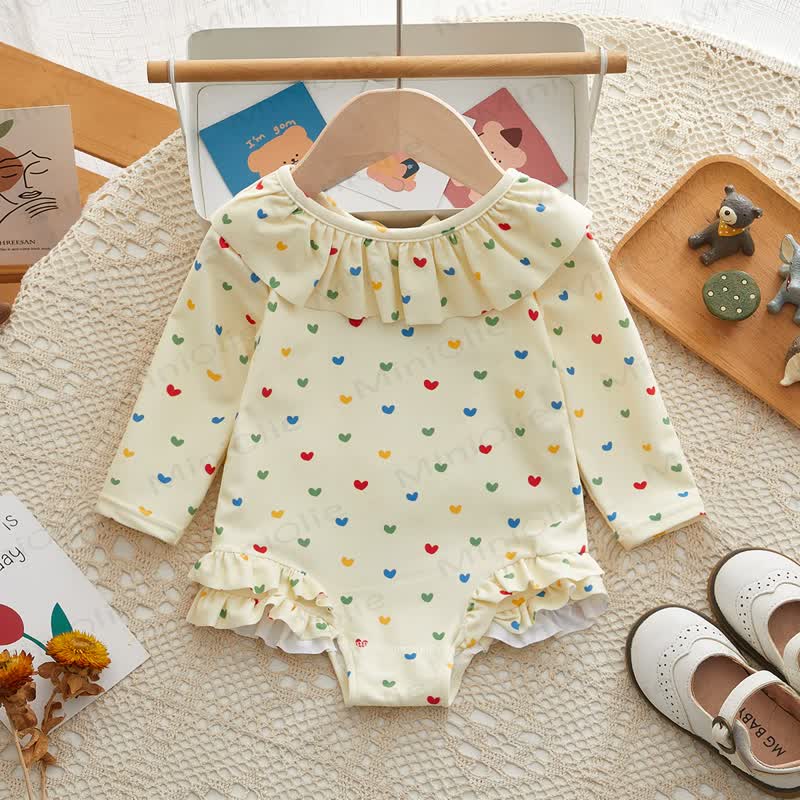 Toddler Girl Heart Print Ruffle Trimmed One-piece Swimsuit - Beige - 4-5T - image 1