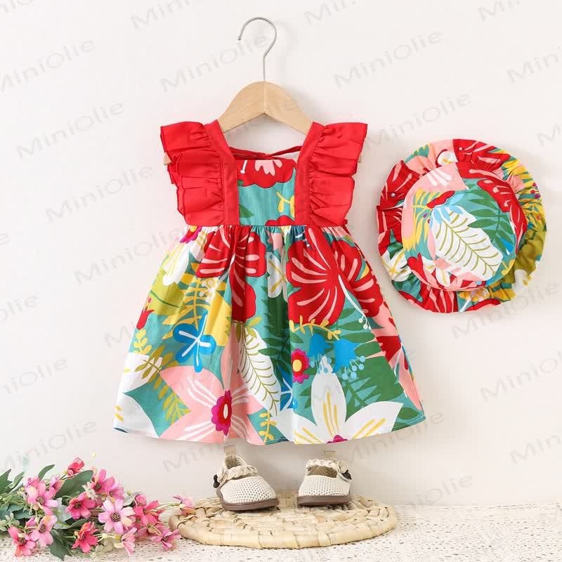 Toddler Baby Floral Cotton Sleeveless Dress with Hat - Red - 2-3T - image 2