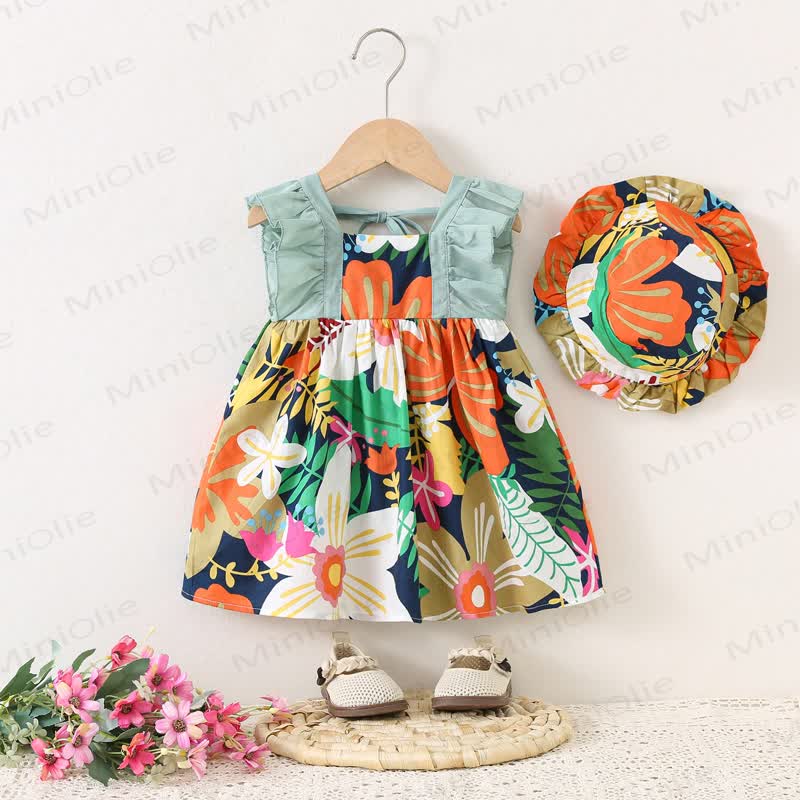 Toddler Baby Floral Cotton Sleeveless Dress with Hat - Green - 2-3T - image 1