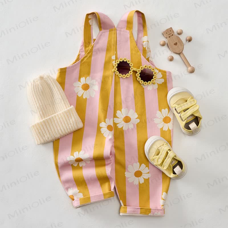 Baby Toddler Daisy Pink & Yellow Vertical Striped Overalls - image 3