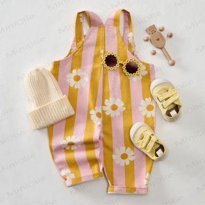 Baby Toddler Daisy Pink & Yellow Vertical Striped Overalls - image 3