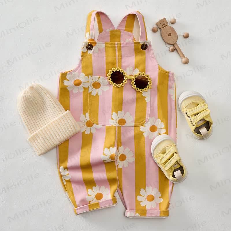 Baby Toddler Daisy Pink & Yellow Vertical Striped Overalls - image 2