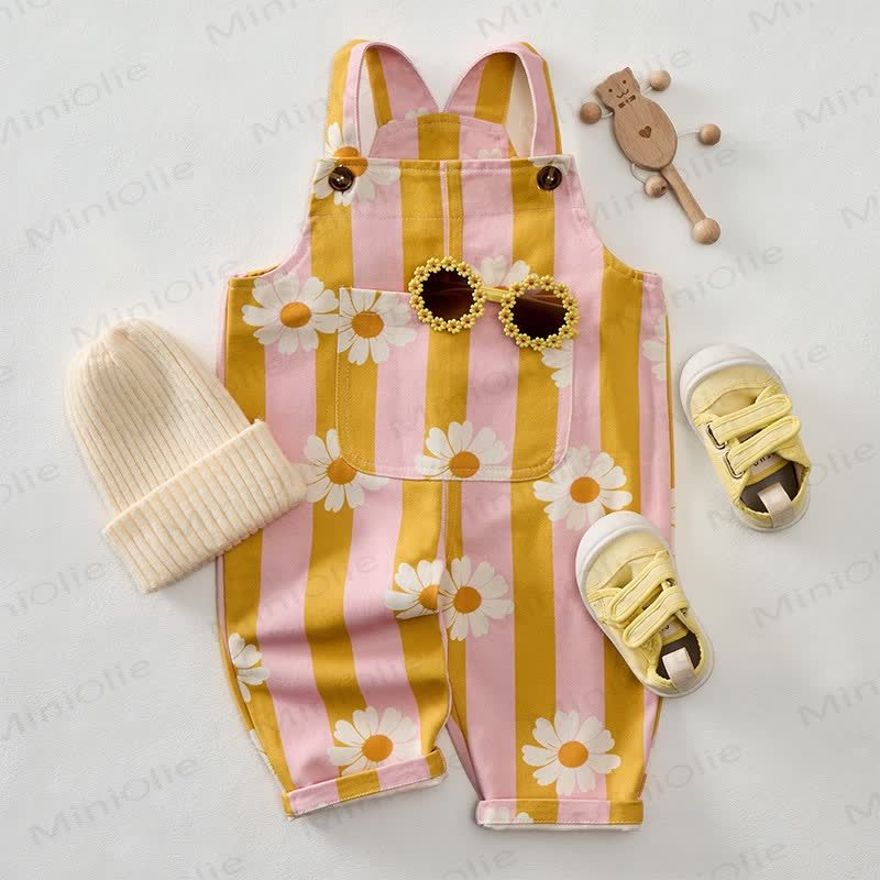Baby Toddler Daisy Pink & Yellow Vertical Striped Overalls - image 2