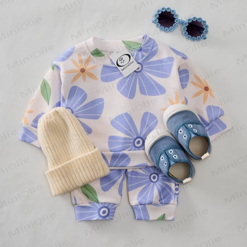 Baby Toddler Purple Flower Waffle Sweatshirt 2-piece Set - image 2