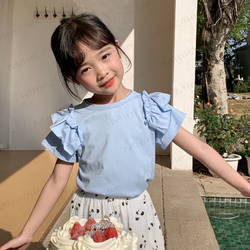 Toddler Girl Ruffle Solid Color T-shirt - Blue - 8-9T - image 5