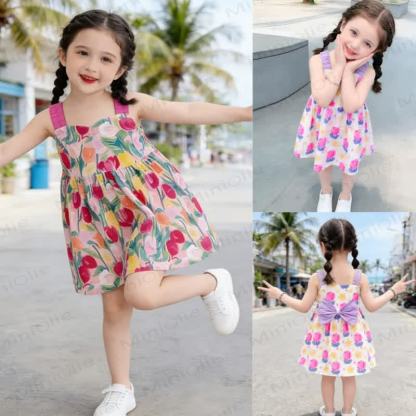 Toddler Kid Girl Floral Bows Suspender Dress - image 1