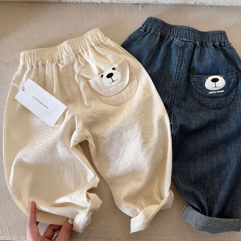 Toddler Casual Denim Bear Print Pants - Beige - 8-9T - image 4