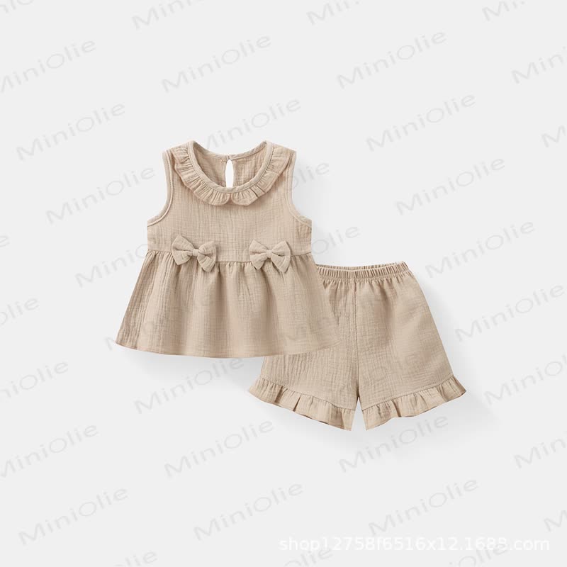 Toddler Girl Cotton Ruffle Solid Color Tank Top and Shorts Set  - Khaki - 4-5T - image 4