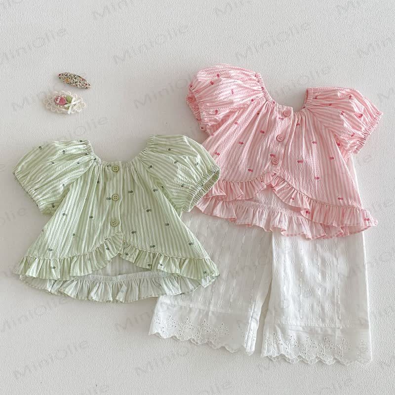 Baby Toddler Girls Cherry Print Puff Sleeve Top or Lace Solid White Pants - image 1