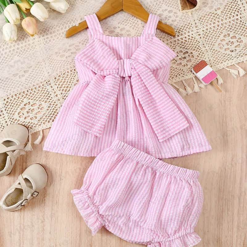 Baby Girls' Pink Striped Bow Vest and Shorts Set - Pink - 2-3Y - image 1