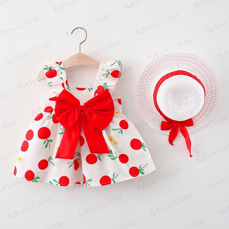 Baby Girls Cotton Fruit or Flower or Circle Print Bow Dress with Hat - Red Apple - 2-3T - image 3