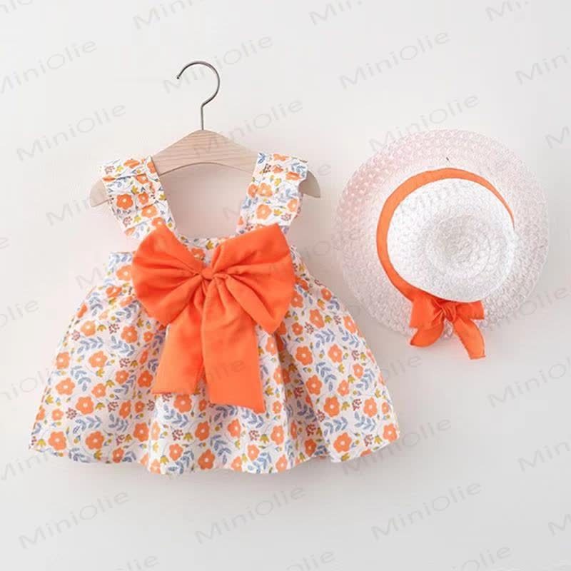Baby Girls Cotton Fruit or Flower or Circle Print Bow Dress with Hat - Orange Flower - 2-3T - image 4