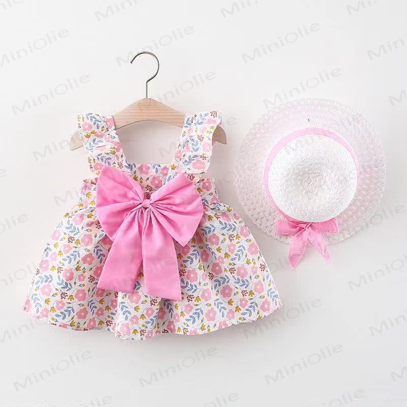 Baby Girls Cotton Fruit or Flower or Circle Print Bow Dress with Hat - Pink Flower - 2-3T - image 5