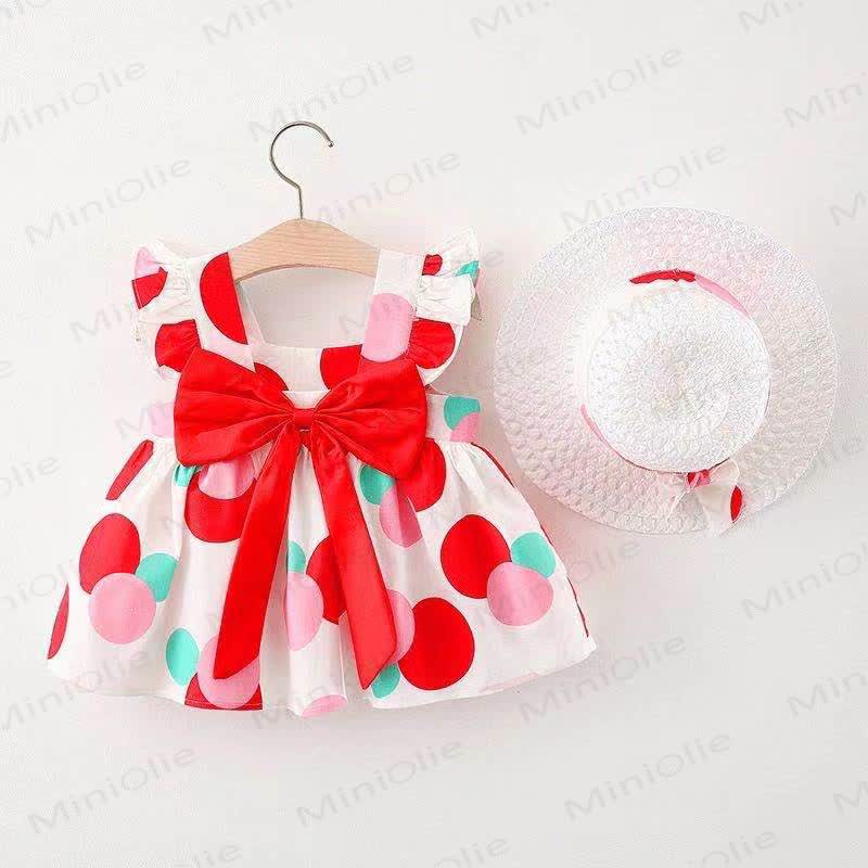 Baby Girls Cotton Fruit or Flower or Circle Print Bow Dress with Hat - Red Circle - 2-3T - image 7
