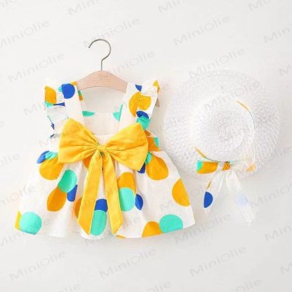 Baby Girls Cotton Fruit or Flower or Circle Print Bow Dress with Hat - Yellow Circle - 2-3T - image 8