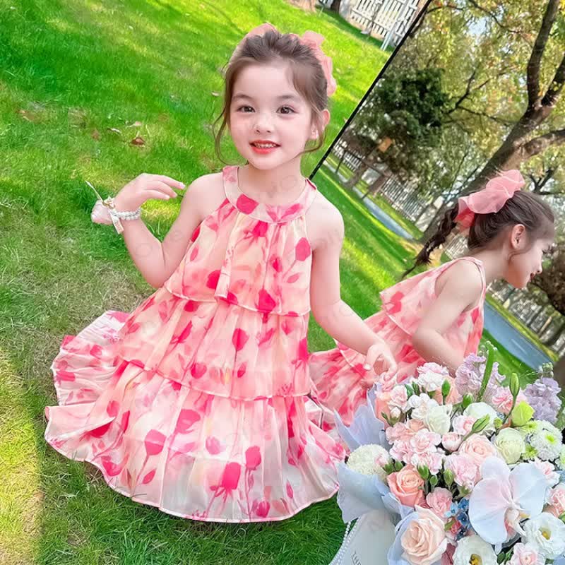 Toddler Girls Cotton Pink Tulip Print Dress - image 1
