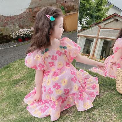 Toddler Girls Cotton Pink or Green Floral Print Dress - image 1