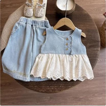 Toddler Kid Girls Lace Sleeveless Top and Pants Denim Set - Blue - 10-11T - image 1