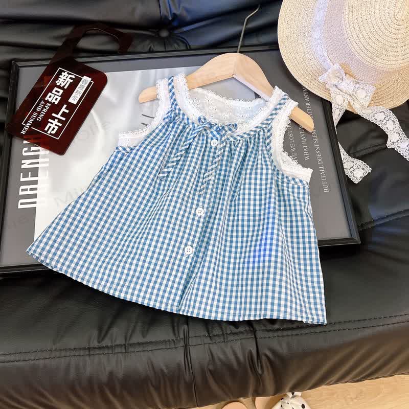 Toddler Girl Gingham Lace Bow Tank Top and Pants Set - image 2