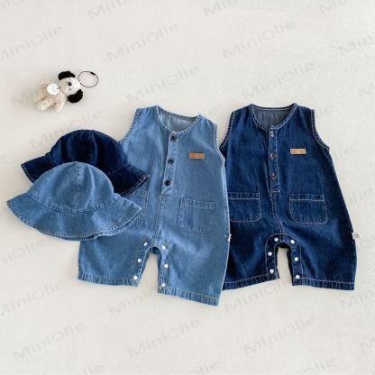 Baby Denim Sleeveless Romper with Hat - image 1