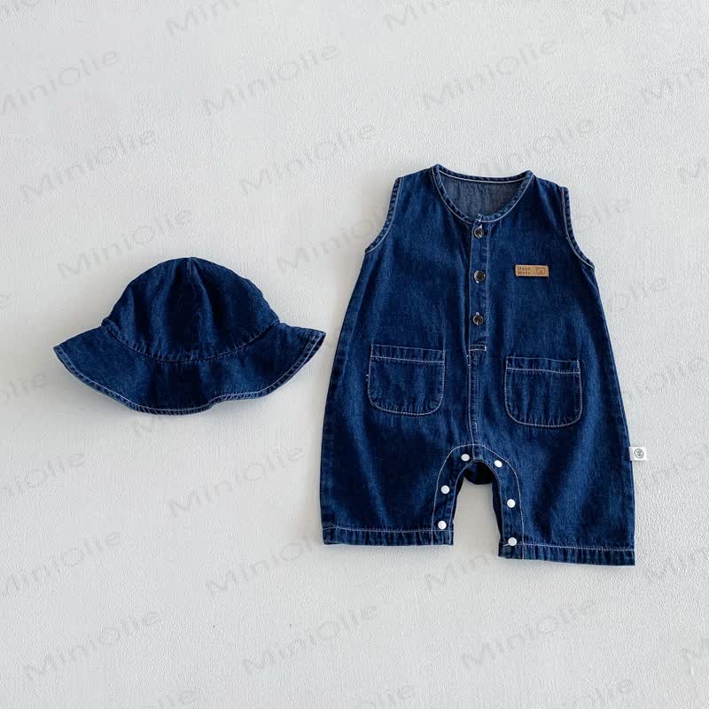 Baby Denim Sleeveless Romper with Hat - Navy - 18-24M - image 2