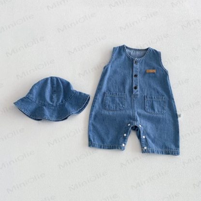 Baby Denim Sleeveless Romper with Hat - Blue - 18-24M - image 3