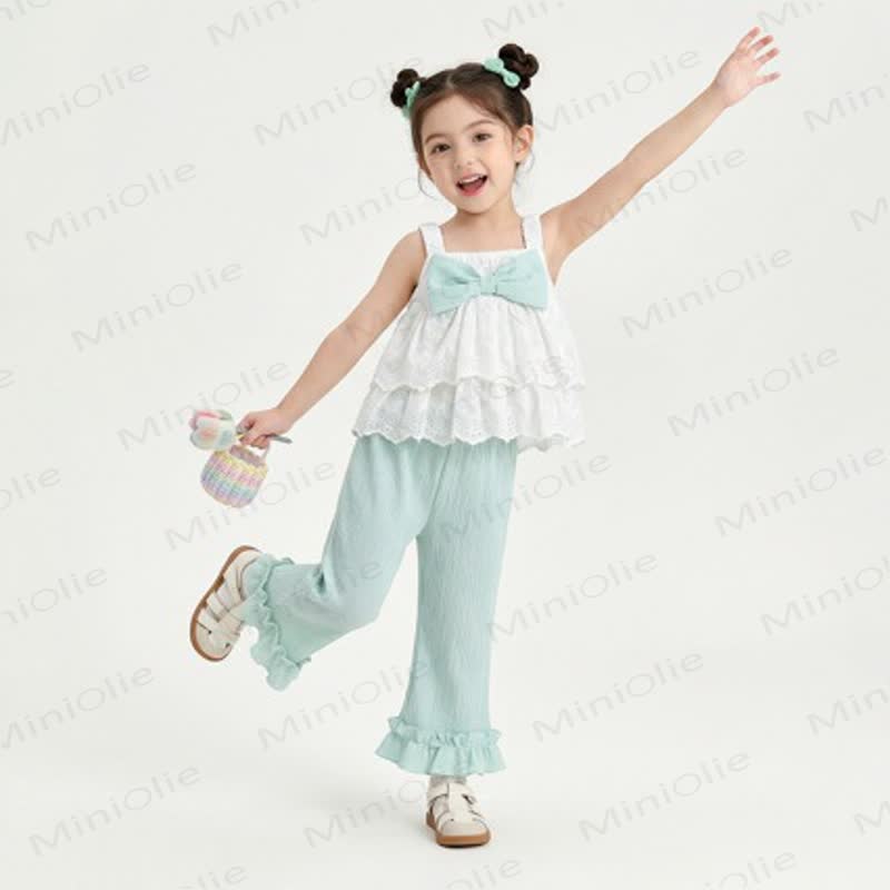 Toddler Girl Lace Bow Sleeveless Tank Top and Pants Set - White - 8-9T - image 1