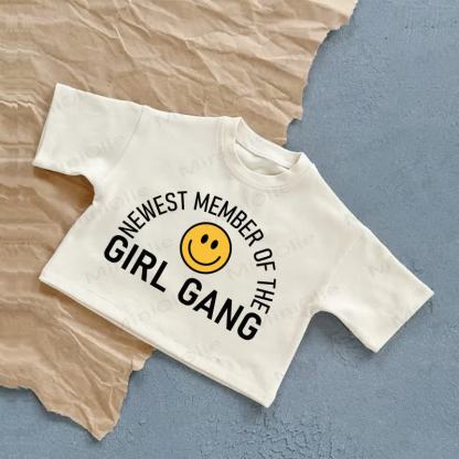 NEWEST MEMBER OF THE GIRL GANG Baby Smiling Face Summer Casual T-Shirt - White - 2-3T - image 2