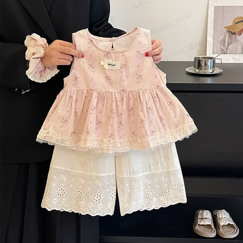 Toddler Girl Pink Floral Lace Tank Top and Pants Set - image 2