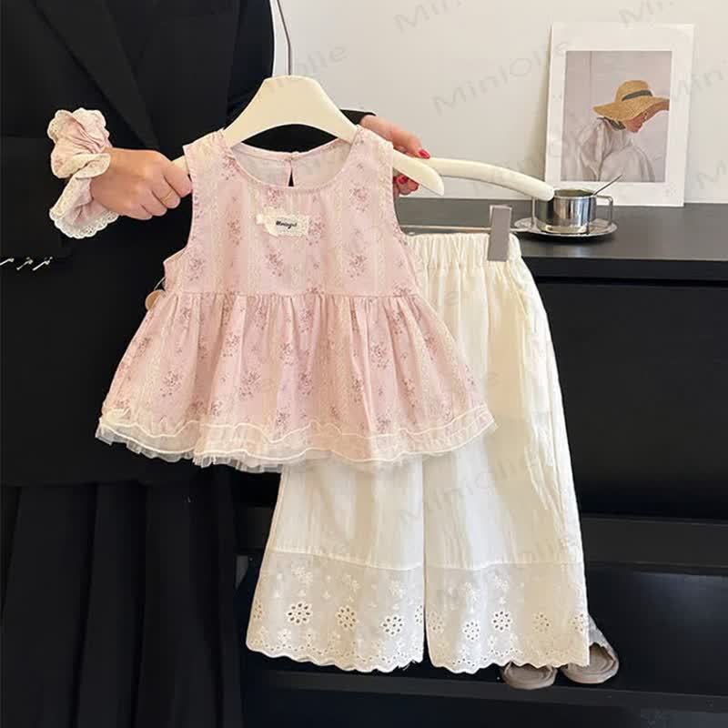 Toddler Girl Pink Floral Lace Tank Top and Pants Set - Pink - 8-9T - image 1