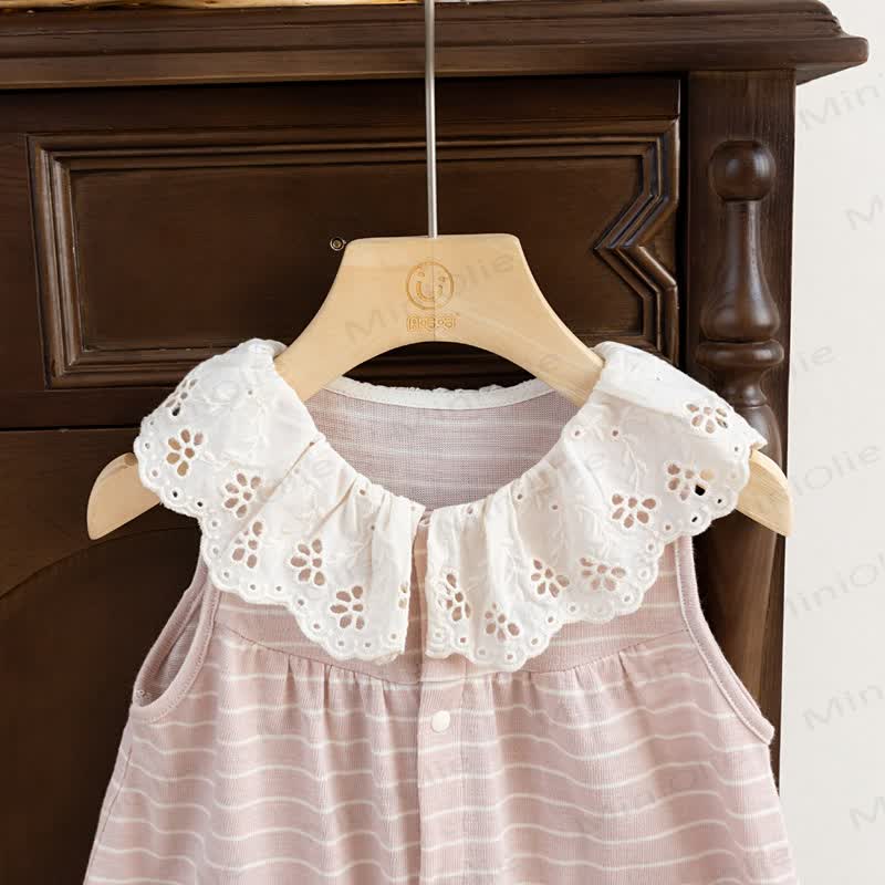 Baby Pink Striped Lace Collar Sleeveless Romper - image 3