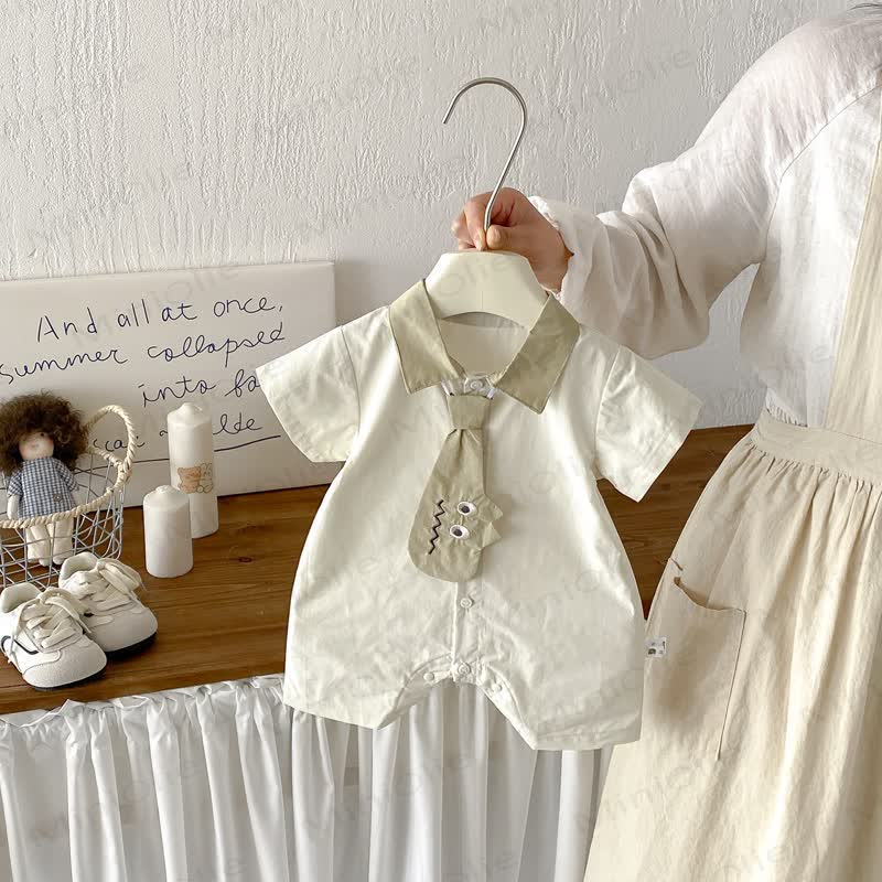 Baby Boy Beige Cartoon Necktie Romper - Beige - 18-24M - image 1