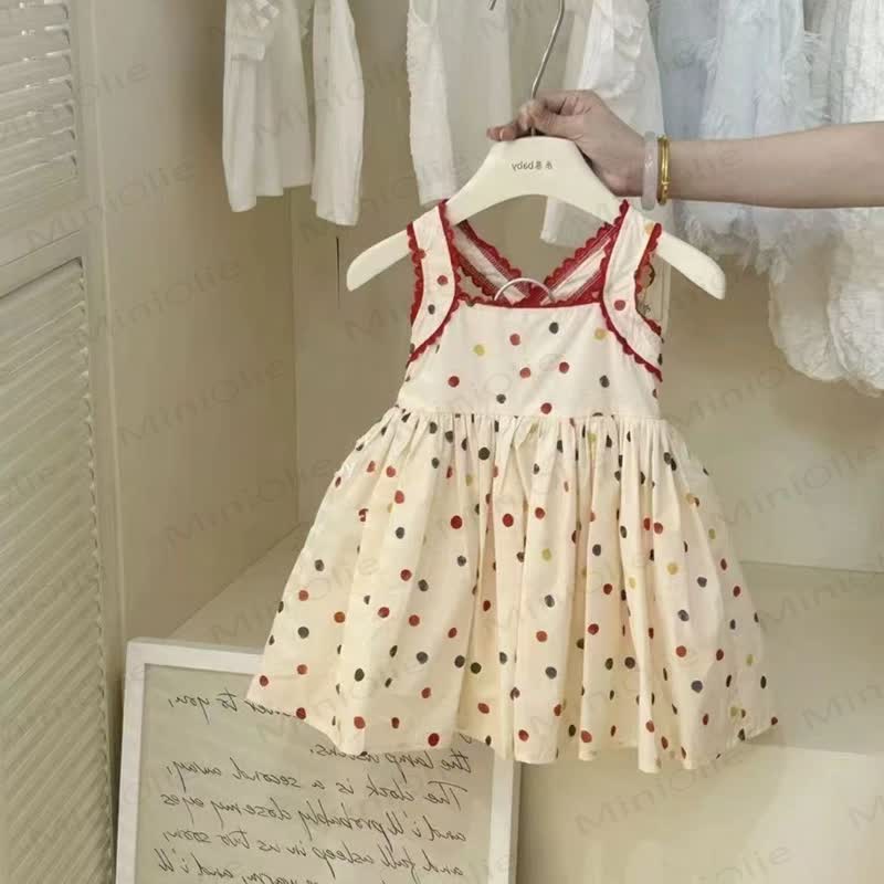 Toddler Girls Cotton Polka Dot Sleeveless Dress - Beige - 6-7T - image 1