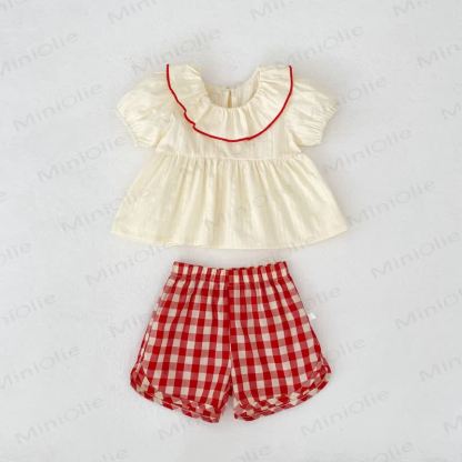 Baby Girls Cotton Beige Tank Top and Red Plaid Shorts Set or Hat - Top and Shorts - 3-4T - image 2