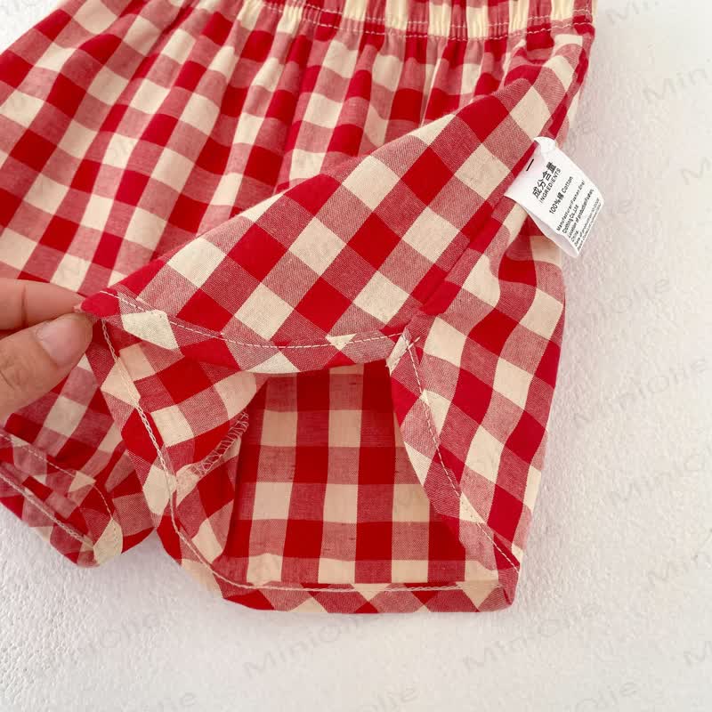 Baby Girls Cotton Beige Tank Top and Red Plaid Shorts Set or Hat - image 9