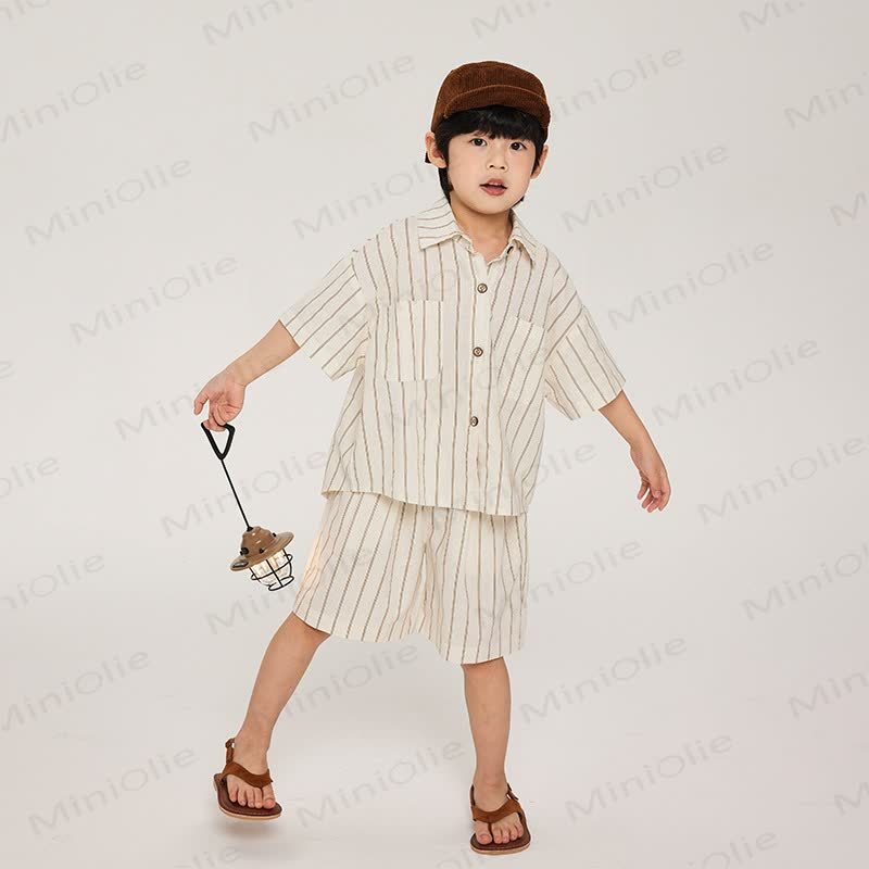 Toddler Boys Cotton Stripe Shirt and Shorts Set - Beige - 8-9T - image 2