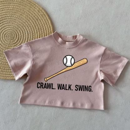 CRAWL. WALK. SWING. Baby Baseball Summer Casual T-Shirt - Coral Pink - 2-3T - image 3