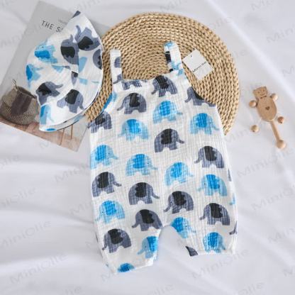 Baby Blue & Grey Elephants Jumpsuit with Hat - White - 12-18M - image 1