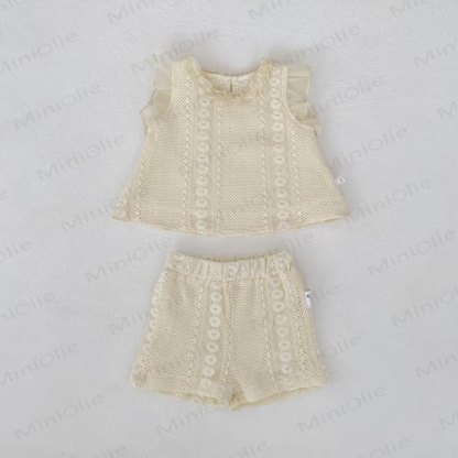 Baby Girls Lace Solid Beige Pants or Tank Top and Shorts Set - Beige Top and Shorts - 3-4T - image 3