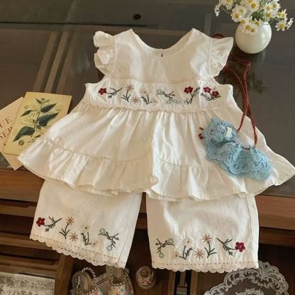 Toddler Girls Cotton Ruffle Tank Top and Pants Set - Beige - 6-7T - image 2