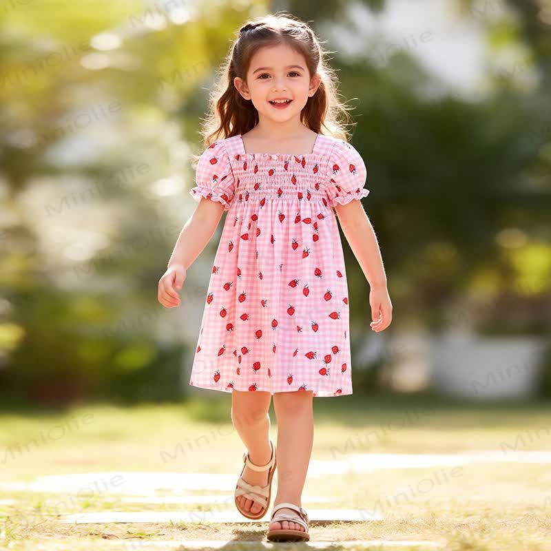 Toddler Girls Strawberry Print Pink Gingham Puff Sleeves Dress - image 1