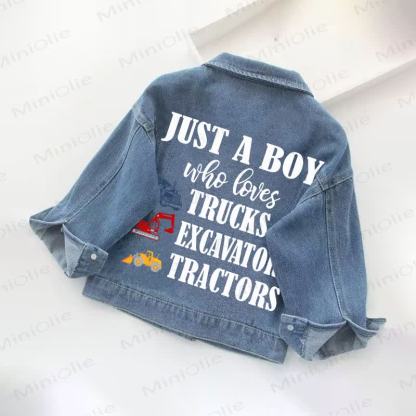 JUST A BOY WHO LOVES TRUCKS EXCAVATORS TRACTORS Toddler Kid Denim Jacket - image 3