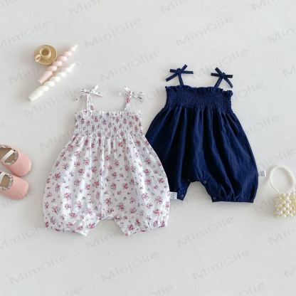 Baby Solid Color/Floral Strap Romper - image 1