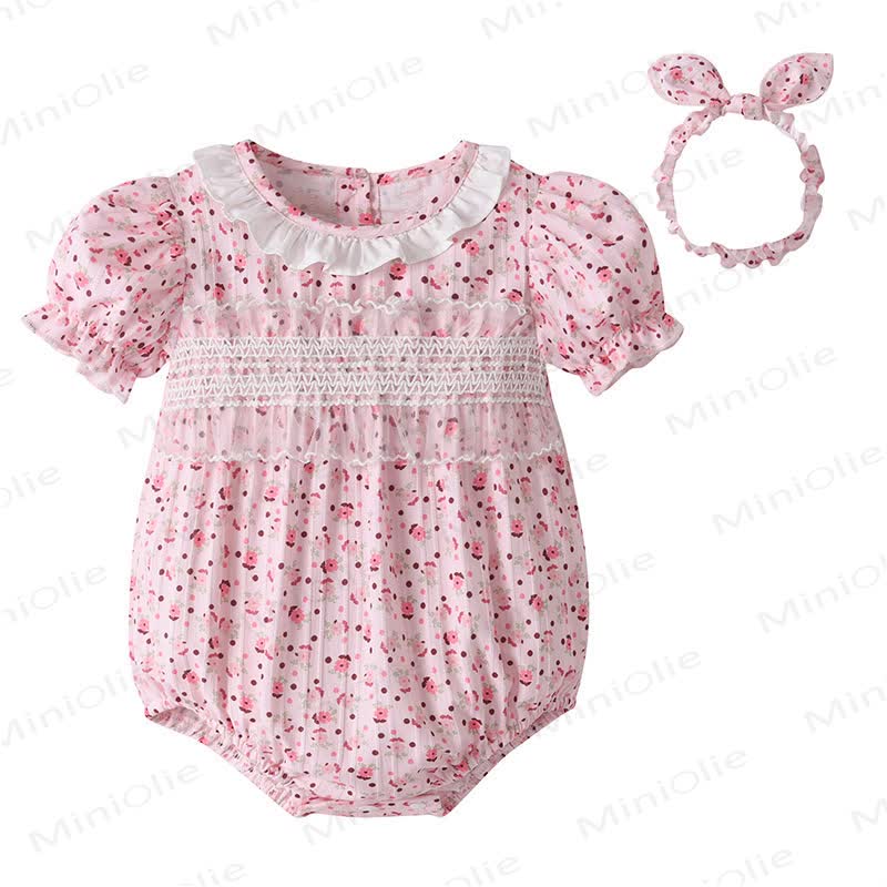  Baby Pink Floral Smocked Bodysuit withHeadband - image 5